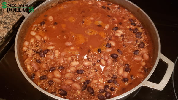 Cooking beef and bean burrito filling