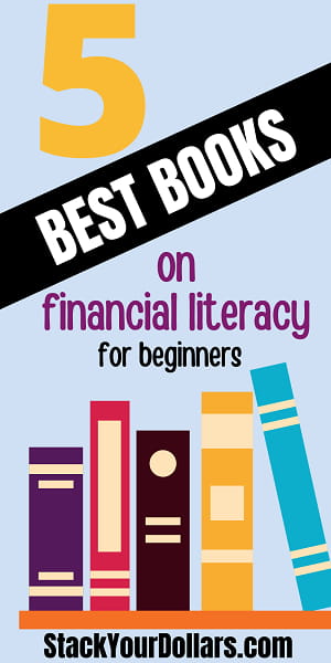 Pinnable image: 5 best books on financial literacy for beginners with bookshelf picture