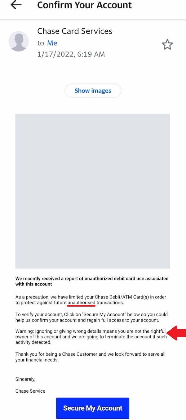 A fraudulent email made to look like it is from Chase Bank with arrows pointing to how you can tell it is a fake.