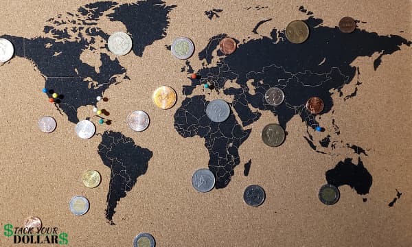 Currencies of the world on a map