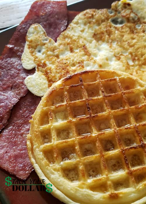 Eggs, turkey bacon and waffle