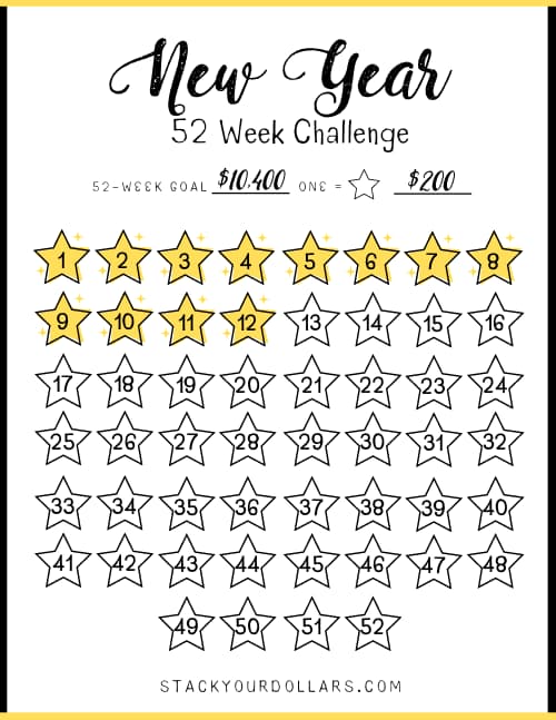 A New Year (or 52 week) savings challenge with stars to color in per week.