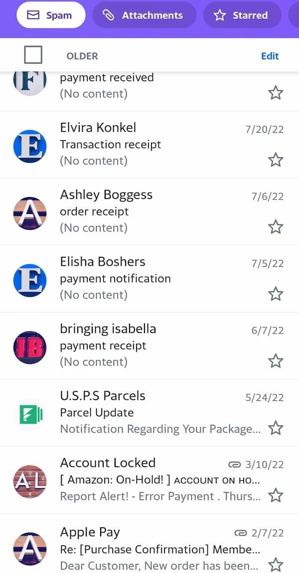 A screenshot of the spam section of my inbox with multiple emails.