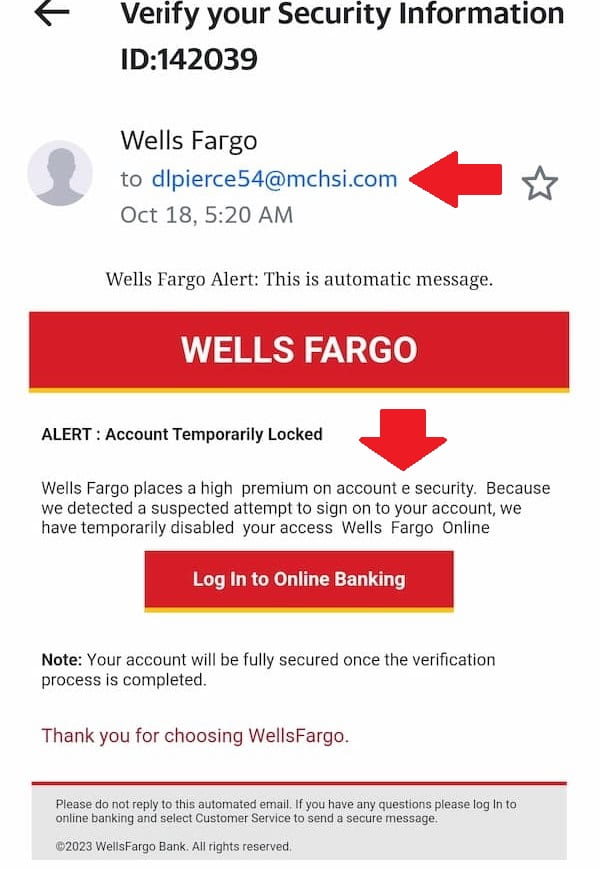 A phishing email made to look like Wells Fargo with arrows pointing to elements of it being fake.